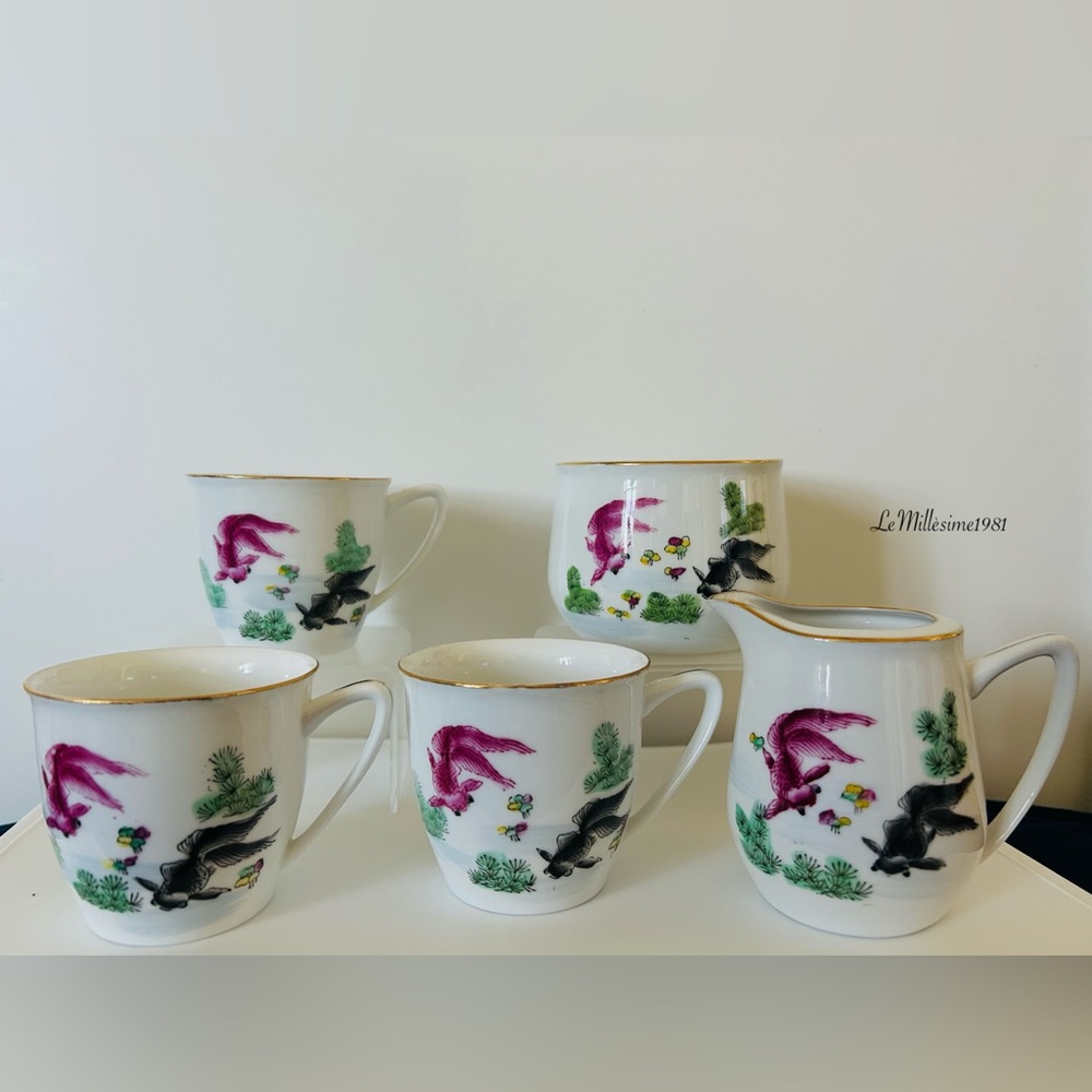 Vintage Set of 3 Chinese Koi Tea Cups 1 Creamer & 1 Sugar Bowl